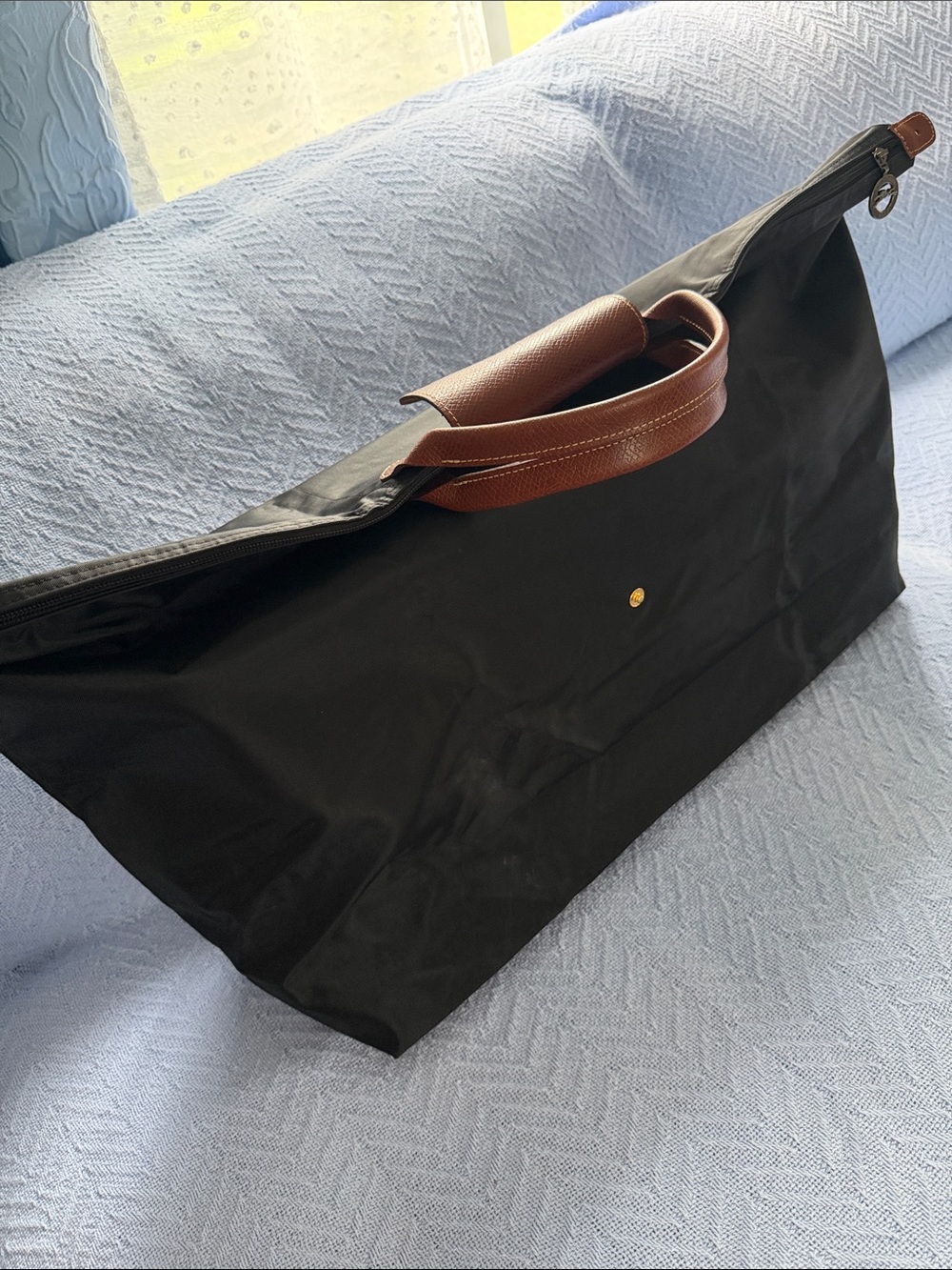Longchamp Black Nylon Tote bag  with Brown Leather Trim and Logo Charm - Picture 4 of 6